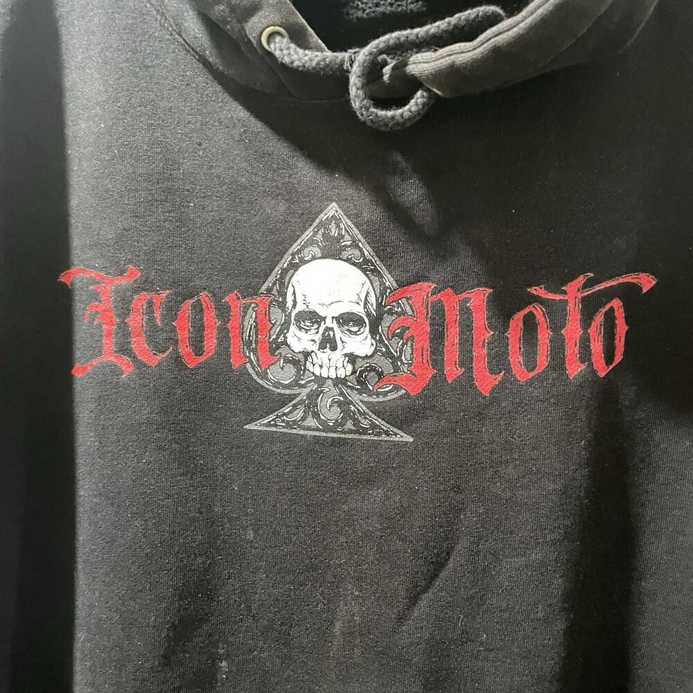 Vtg Icon Moto Spade Skull Hoodie Black Size L Biker Motorcycle Sweatshirt Y2K - Picture 4 of 9
